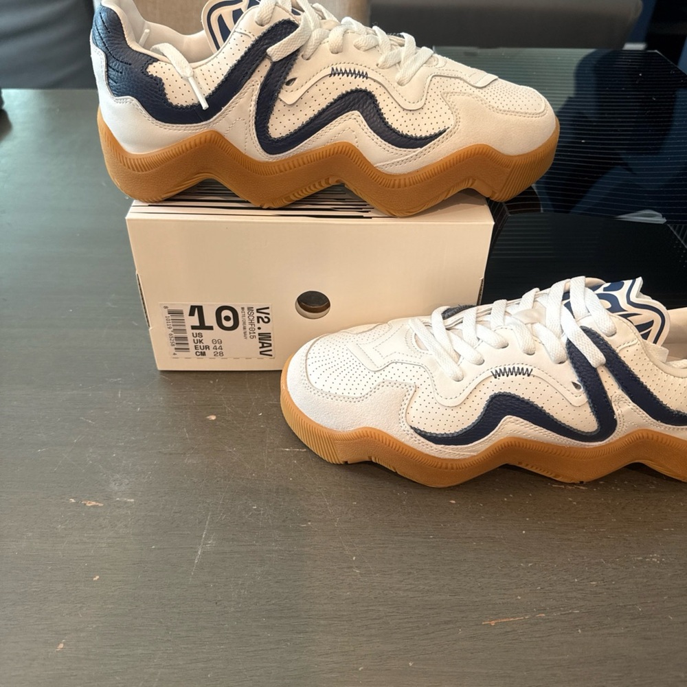 Men's Athletic Wave-Trim Sneakers in White & Navy with Gum Sole